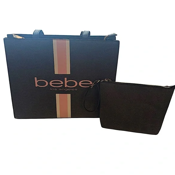 Bebe Los Angeles Monogram Logo Large Women’s Tote Bag with Matching Makeup Bag - Picture 1 of 15